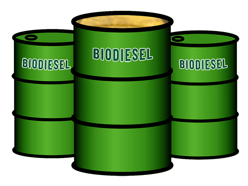 Imagem mostrando três barris verdes com o nome biodiesel na frente de cada um. Dois estão com a tampa fechada e um está com a tampa aberta, sugerindo haver dentro dele um líquido de cor alarajada
