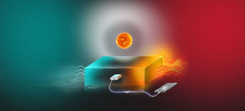 Imagem artística da Chalmers University mostrando um aparelho carregando um celular e um sol posando de pano de fundo para ilustrar que o sistema líquido armazena energia solar por anos e a libera sob demanda