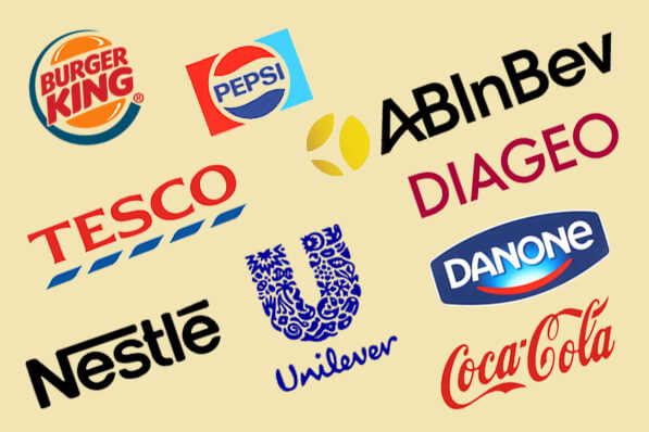 Imagem com o logo de várias empresas, como ABInBev, Unilever, Danone, Nestlé, e outras, para ilustrar o texto que diz que empresas de setores agrícolas são a chave para as metas dos ODS.
