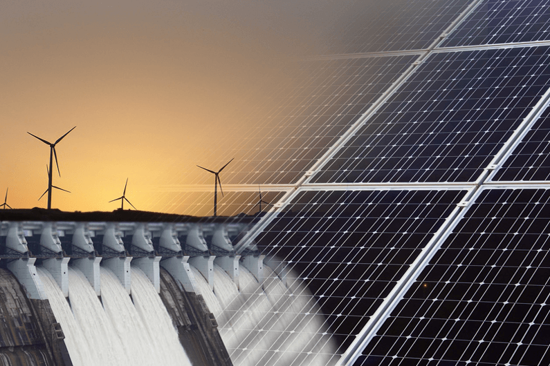 Foto-montagem de turbinas eólicas, placas solares e uma hidrelétrica para ilustrar que a energia renovável está criando um monte de empregos verdes.