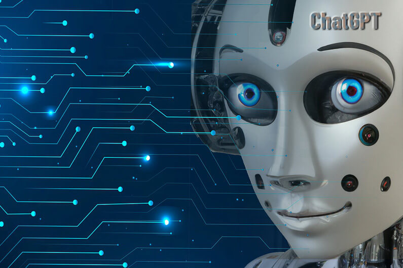 Imagem do rosto de um robô sobre um pano de fundo imitando um circuito integrado para ilustrar posto da entrevista exclusiva sobre clima e IA com o assustador ChatGPT.