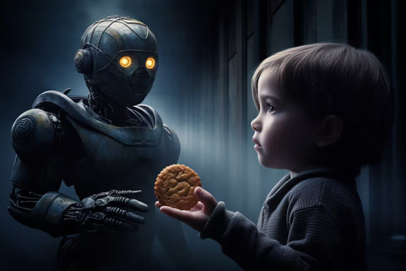 Imagem de um robô olhando para um menino segurando um biscoito na mão para ilustrar artigo sobre qual a maior ameaça da inteligência artificial para os humanos.