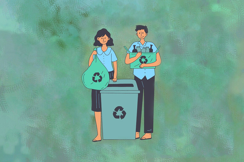 Imagem de um desenho de um rapaz e uma moça, ambos carregando um saco de lixo a serem colocados numa lixeira com o símbolo de reciclável para ilustrar o post sobre cinco atitudes que nos torna mais sustentáveis.