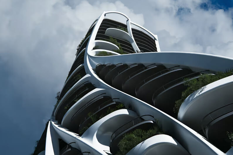 Foto da fachada de um prédio com design curvilíneo para ilustrar post sobre as magníficas curvas arquitetônicas de um novo arranha-céu.