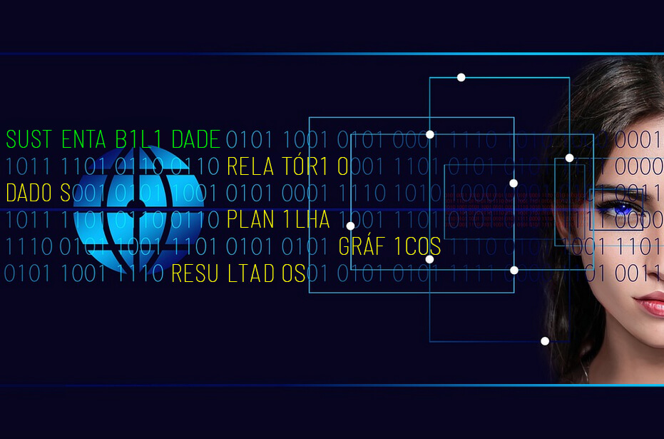 Imagem da metade do rosto de uma mulher como pano de fundo, e como pano de frente há cinco fileiras de números 0 e 1, intercalados com os nomes "sustentabilidade, relatório, dados, planilha, gráficos e resultados" para ilustrar artigo sobre como a IA está transformando a profissão da sustentabilidade.