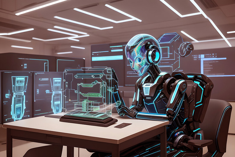 Imagem de um robô sentado e olhando para um monitor sobre a mesa de uma sala cheia de aparelhos de computação, para ilustrar o artigo cujo título pergunta: a inteligência artificial generativa é ruim para o meio ambiente?