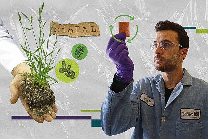 Imagem de um pesquisador em trajes de laboratório e segurando um pedaço de plástico renovável para ilustrar que bactérias criam plásticos renováveis e infinitamente recicláveis.