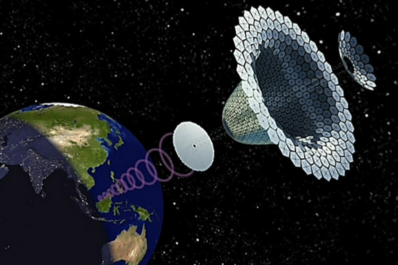 Imagem de um cone espacial posicionado a certa distância da Terra com aros entre os dois ilustra artigo que diz que em breve poderemos obter energia de usina solar espacial.