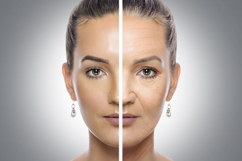 Imagem do rosto de uma mulher, divido verticalmente em duas partes, sendo que a esquerda mostra o rosto rejuvenecido, enquanto que a direita mostra o rosto envelhecido intencionalmente para ilustrar que foi descoberto um gene que pode retardar nosso envelhecimento.