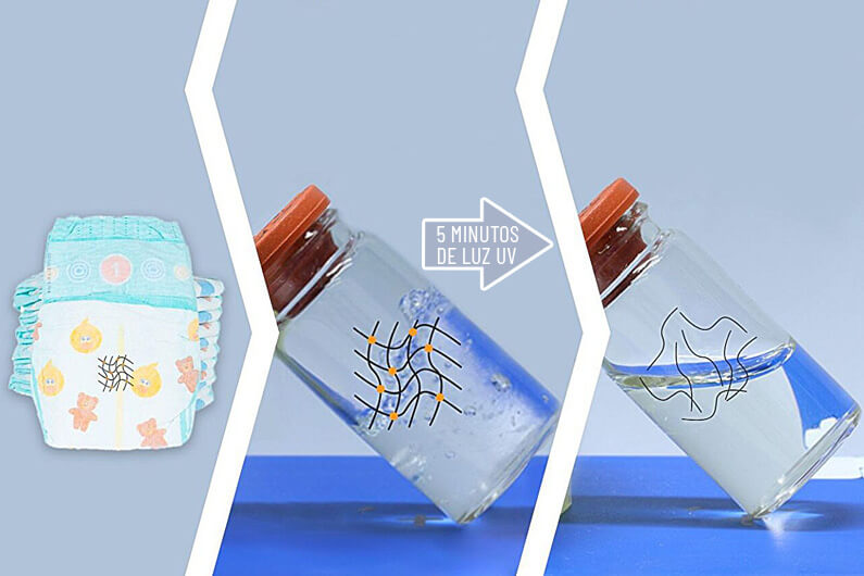 Foto-montagem de uma fralda descartável e dois recipientes de vidro contendo um líquido transparente dentro ilustram artigo sobre uma estratégia promissora para o reciclo de fraldas descartáveis.