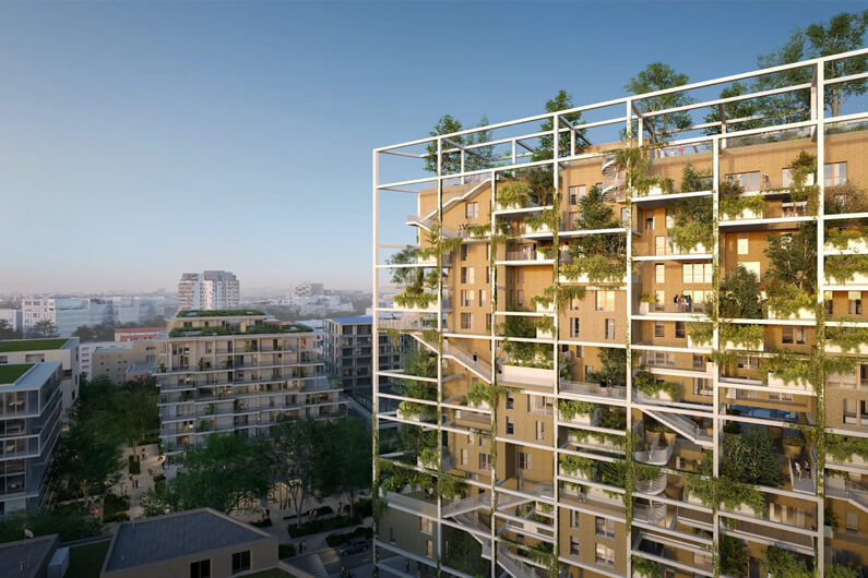 Imagem de um prédio mostrando o terraço com árvores e as varandas repletas de plantas para ilustrar post cujo título diz que arquitetos projetam um prédio com centenas de árvores e plantas.