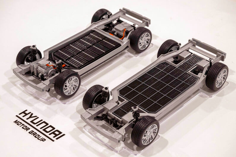 Imagem de dois módulos de veículos comparando os sistemas de transmissão ilustram o post cujo título diz que um sistema da Hyundai e Kia pode revolucionar o design dos elétricos.