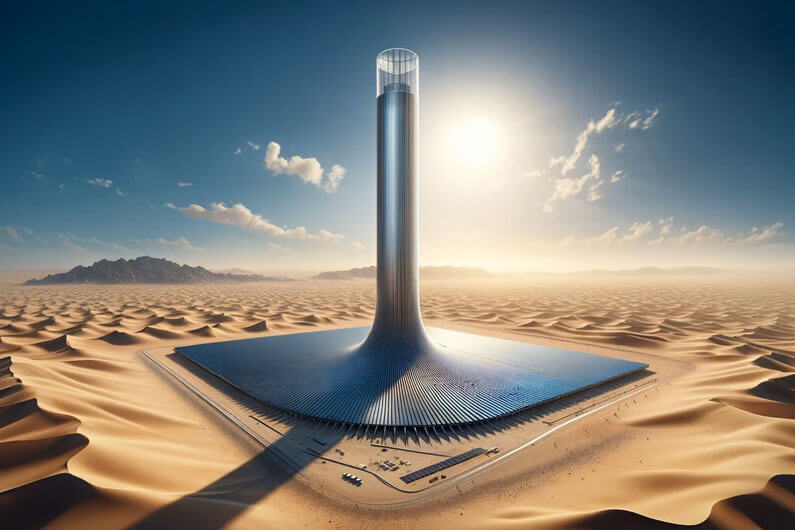 Imagem gerada por IA de uma torre solar para ilustrar post cujo título diz que uma Torre solar de dupla ação promete gerar energia limpa dia e noite.