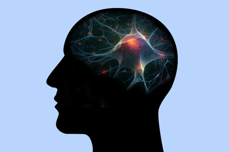 Imagem de uma silhueta humana que apresenta na área do cérebro uma renderização feita por inteligência artificial de uma sinapse ilustram post que fala sobre o primeiro supercomputador capaz de simular redes de neurônios.