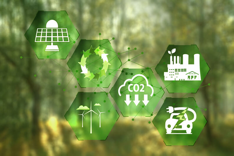 Imagem de ícones representando o tema da sustentabilidade sobre um fundo verde para ilustrar post cujo título diz que uma startup arrecadou US$ 100Mi para software que rastreia emissões.