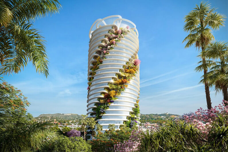 Imagem de um edifício com um jardim vertical em forma de espiral se enroscando na pela fachada do prédio ilustra o post cujo título diz que prédio adota jardim vertical no formato de um saca-rolhas.