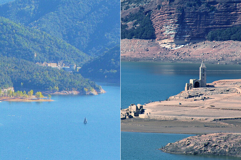 Temperatura média global já ultrapassou o limite de 1,5 grau. Imagem dividida ao meio mostrando um lago cheio com o topo de uma igreja aparecendo na superfície da água (foto da esquerda) enquanto que a imagem da direita mostra o mesmo lago quase que totalmente seco e com as ruínas da mesma igreja sendo visíveis.