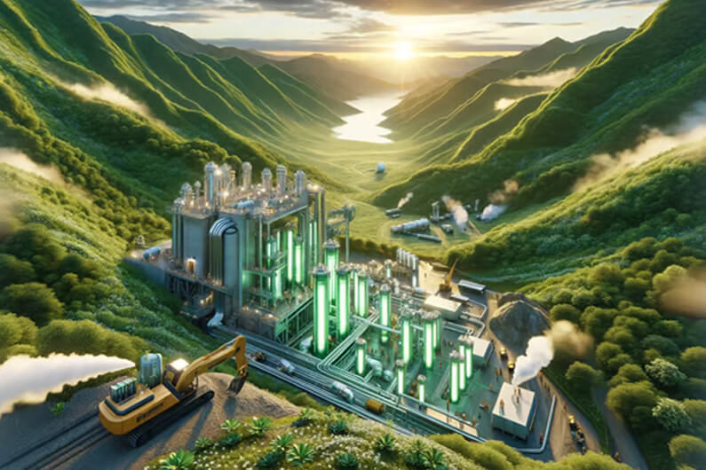 Imagem de uma planta de hidrogênio (gerada por I.A.) situada em um vale verdejante com um pôr do sol ao fundo ilustra post que fala sobre as reservas de hidrogênio e a corrida do ouro pela energia limpa.