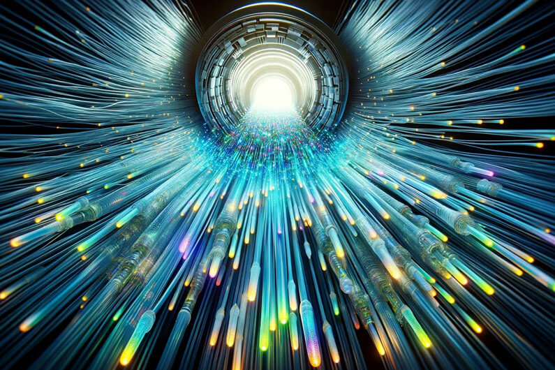 Imagem de vários cabos de fibra ótica gerada por inteligência artificial para ilustrar o post cujo título diz que uma internet 4,5 milhões de vezes mais rápida que banda larga.