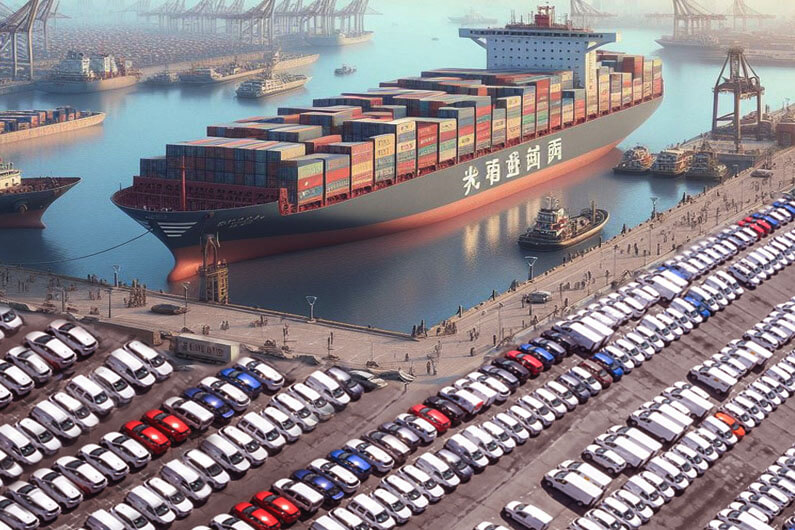Imagem de um porto chinês mostrando um navio atracado e vários carros elétricos no pátio do porto para ilustrar post cujo título diz que empresas chinesas lutam para achar compradores para seus EVs.